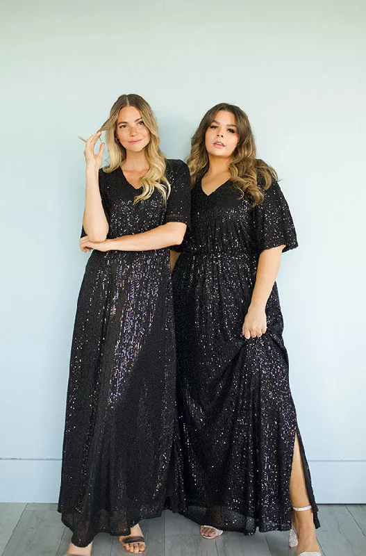 Women's Elegant Clothing Sets Coastal Beach - Inspired Style Daphne Black Sequin Gown - DM Exclusive - Maternity Friendly - Restocked