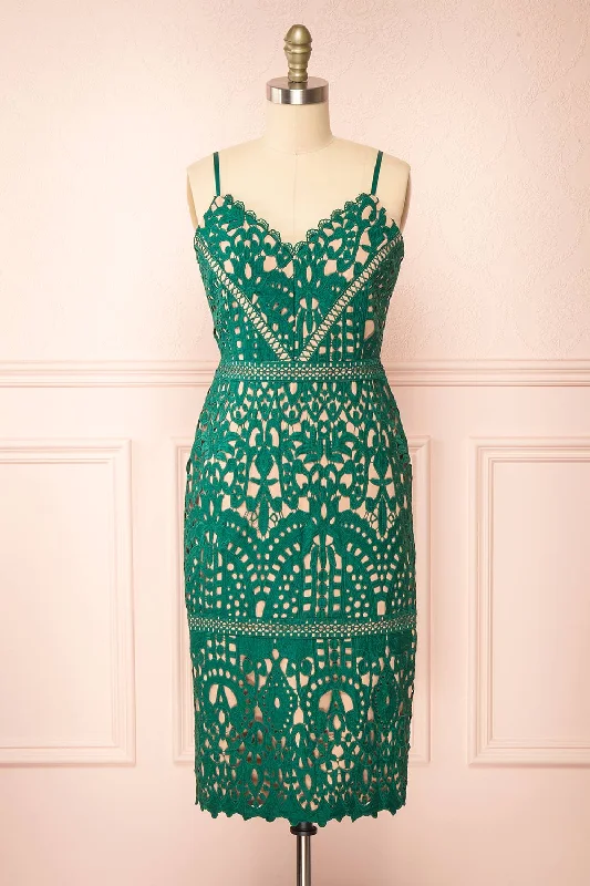 Classic Women's Apparel Mid - Season Sale Indira | Fitted Midi Green Crocheted Lace Dress