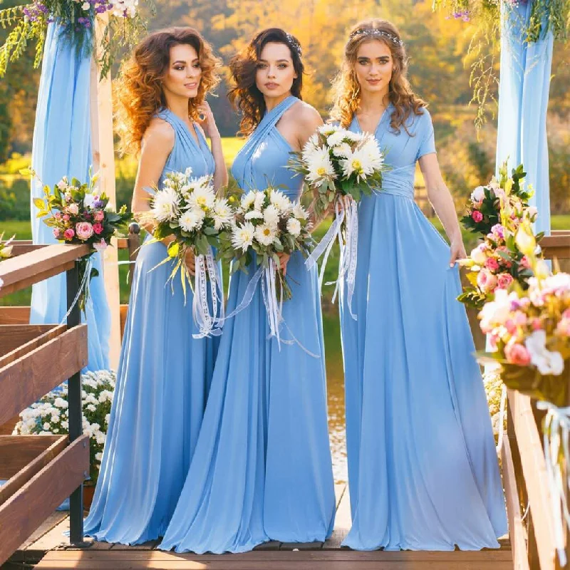 Women's Everyday Apparel Disco - Inspired Retro Dance Look Roycebridal A-Line Chiffon Convertible Sky Blue Bridesmaid Dress