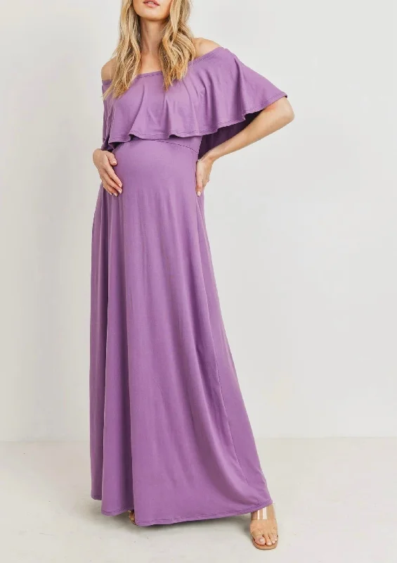 Women's Stylish Professional Garments Casual Elegance Ruffle Off Shoulder Maternity Dress In Lilac