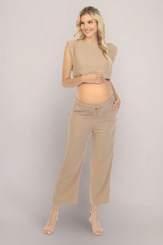 Modern Women's Apparel Romantic Date - Night Ensemble Camel Two-Piece Cropped Maternity Set