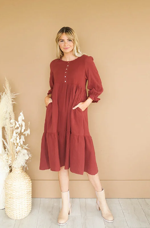 Modern Women's Clothes Classic Charm Sandra Burnt Red Dress - MCO - Maternity Friendly - FINAL SALE