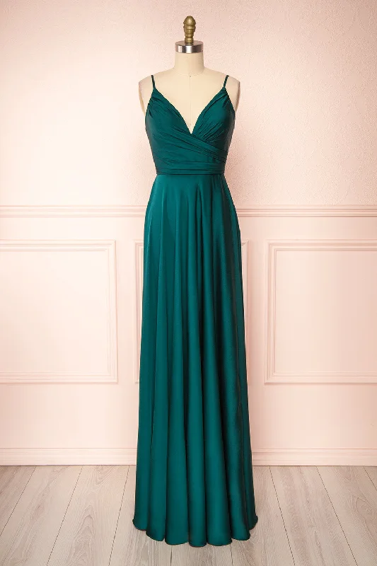 Women's Outerwear Clothing Vintage Elegance Lizza Green | Satin Maxi Dress w/ Slit