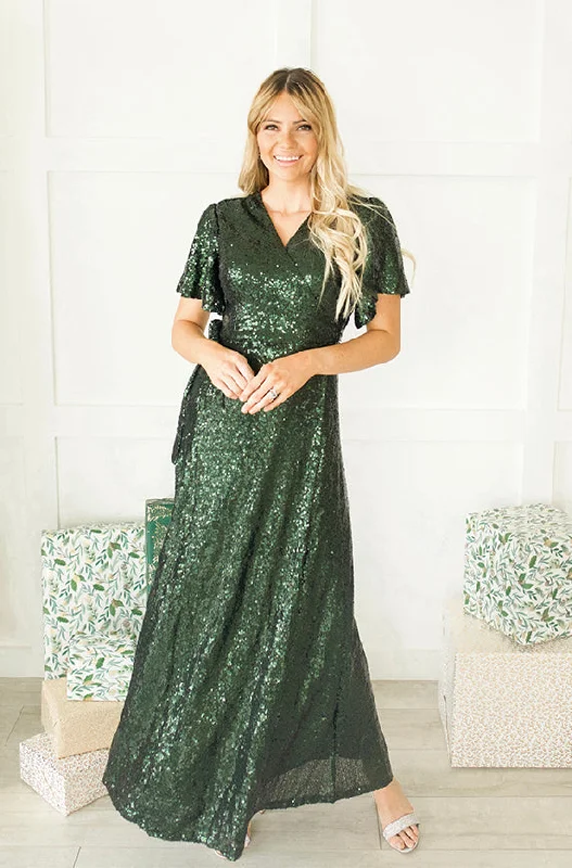 Women's Elegant Clothes Lightweight Fabric Aria Hunter Green Sequin Dress - DM Exclusive - Nursing Friendly - Maternity Friendly - FINAL SALE