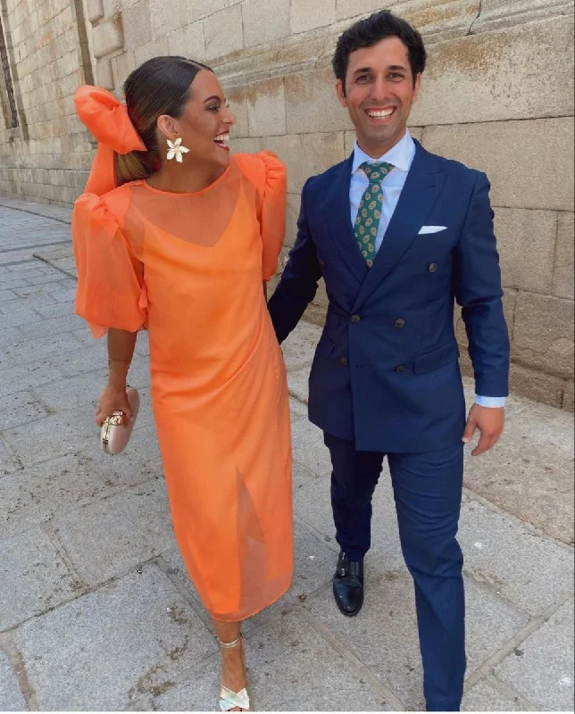 Modern Women's Outfit Chic Urban Fashion Look Retro Style Orange Prom Dress with Puff Sleeves,Orange Casual Dress Y4757