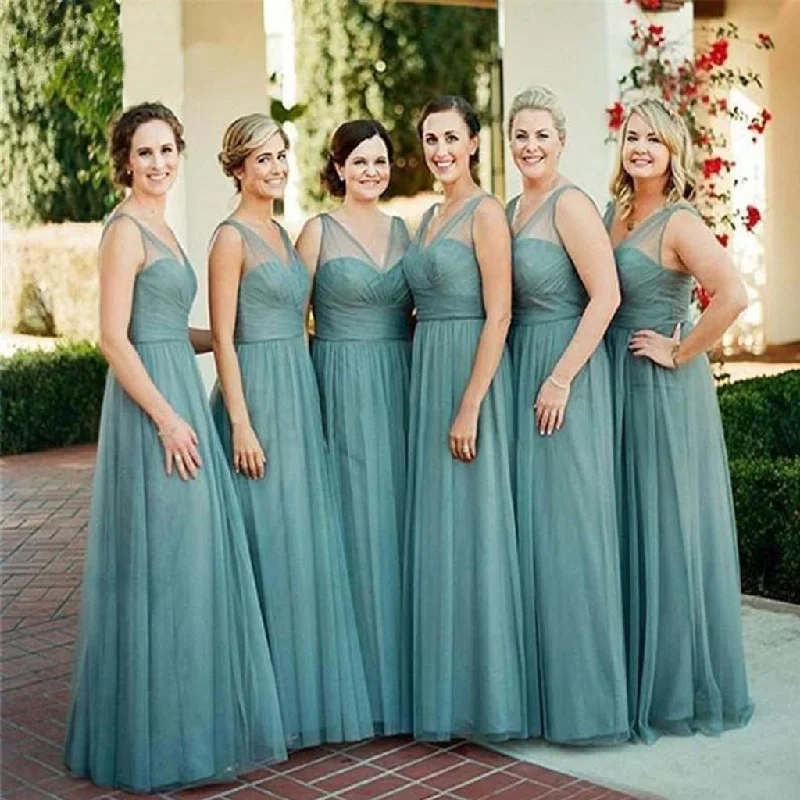 Women's Professional Outfit Limited - Edition Drops Roycebridal Sheath Floor-Length Tulle Dusty Blue Bridesmaid Dresses Sleeveless