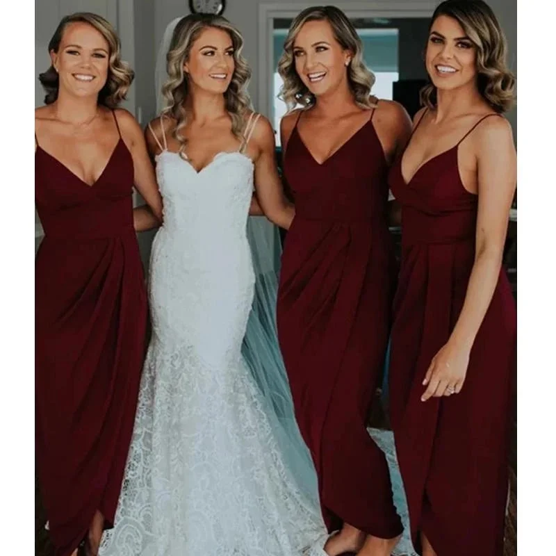 Formal Attire For Women Feminine Soft - Hued Look Simple Chiffon V Neck Spaghetti Strap Burgundy Bridesmaid Dresses