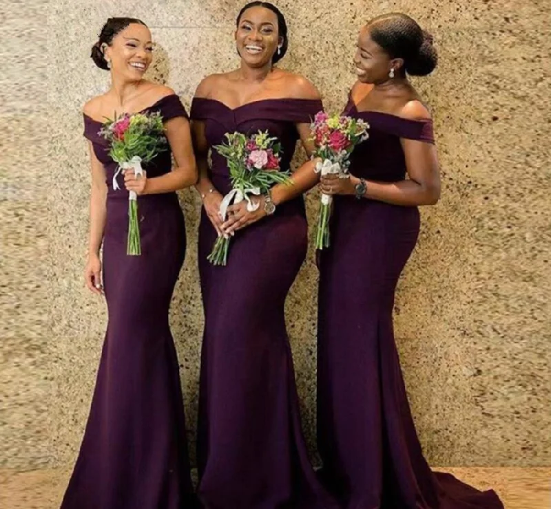 Vintage Clothing For Women Luxury Comfort Roycebridal Floor Length Off the Shoulder Mermaid Dark Purple Bridesmaid Dresses