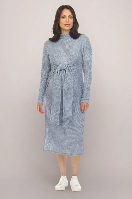 Charming Women's Holiday Apparel Feminine Soft - Hued Look Blue Long Sleeve Maternity Midi Dress with Bow Front