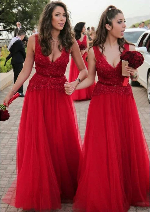 Charming Everyday Clothing For Women Classic Charm Roycebridal Sexy V-neck Beads Appliques Cheap Red Bridesmaid Dresses