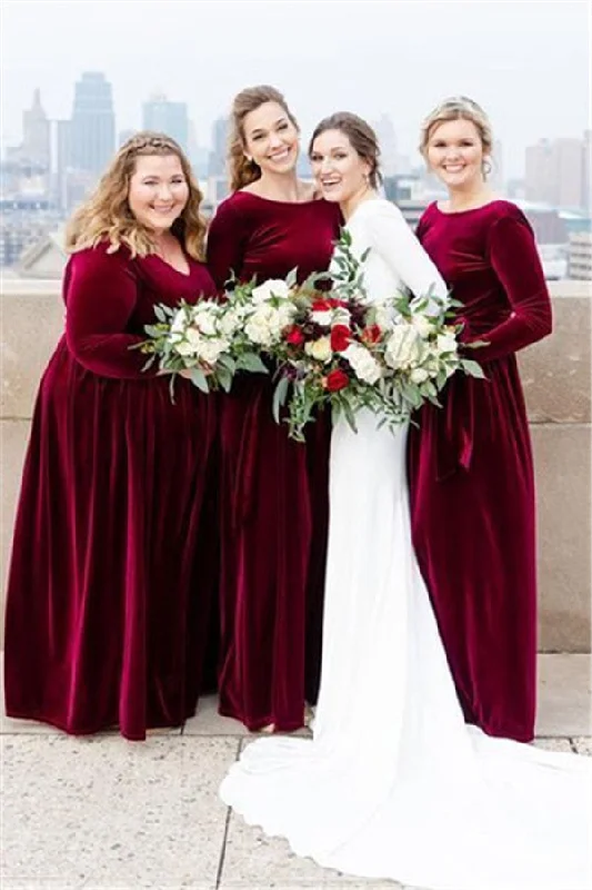 Women's Sporty Chic Clothes Disco - Inspired Retro Dance Look Roycebridal Mermaid Long Sleeves Burgundy Velvet Bridesmaid Dresses Backless