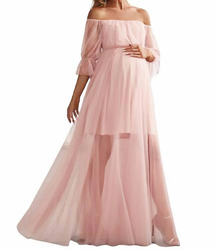 Stylish Women's Garments Romantic Date - Night Ensemble A Line Puff Sleeves Mesh Maternity Dress In Pink