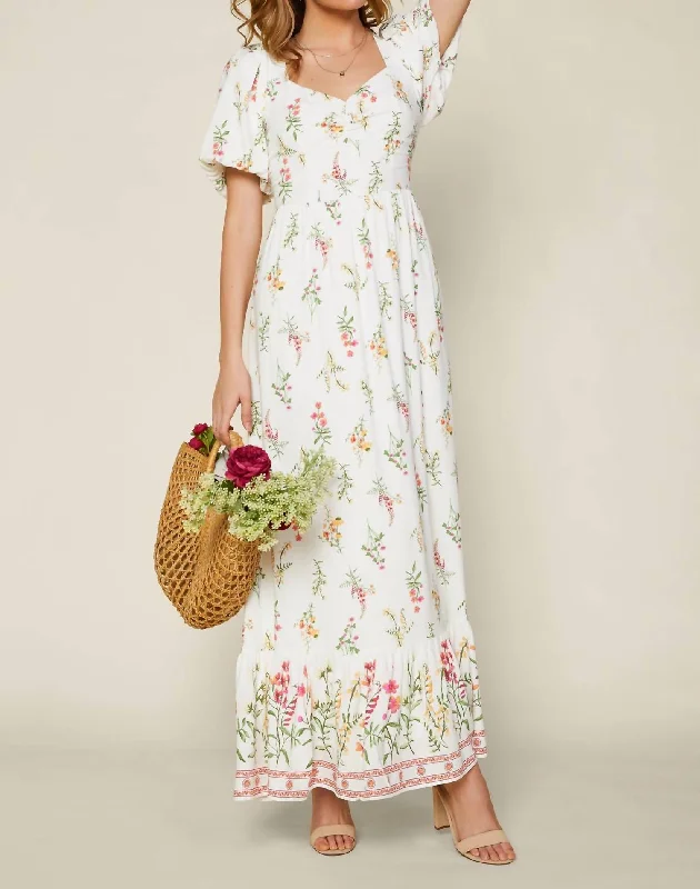 Women's High-Fashion Garments Tropical Island - Inspired Attire Floral Border Maxi Dress In Red Ivory