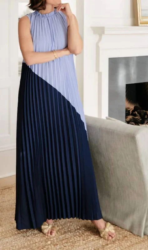 Affordable Women's Clothes Feminine Grace Hydrangea & Navy Emma Pleated Maxi Dress In Navy/blue