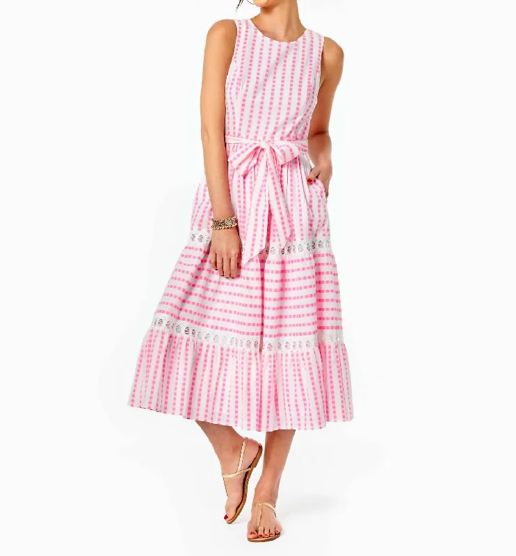 Women's Outerwear Apparel Vintage Retro Party Wear Maybella Tiered Midi Dress in Gingham Stripe Jacquard