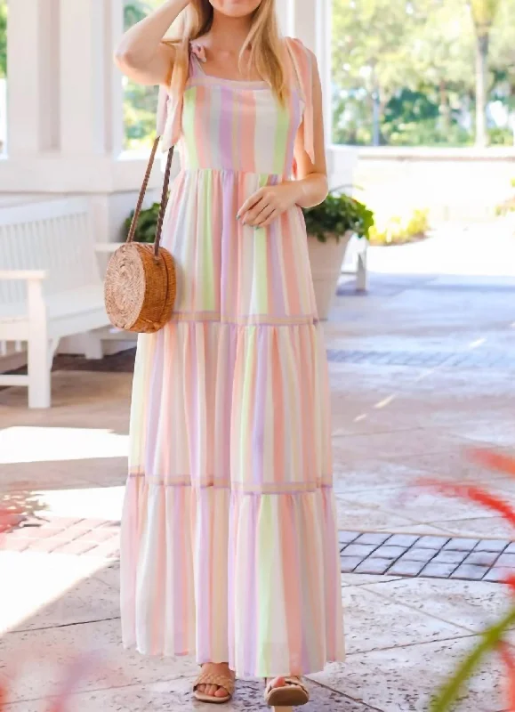 Women's Trendy Garments Now on Sale for Chic Urban Styles Pastel Color Mix Shoulder Strap Maxi Dress in Ivory Peach Purple