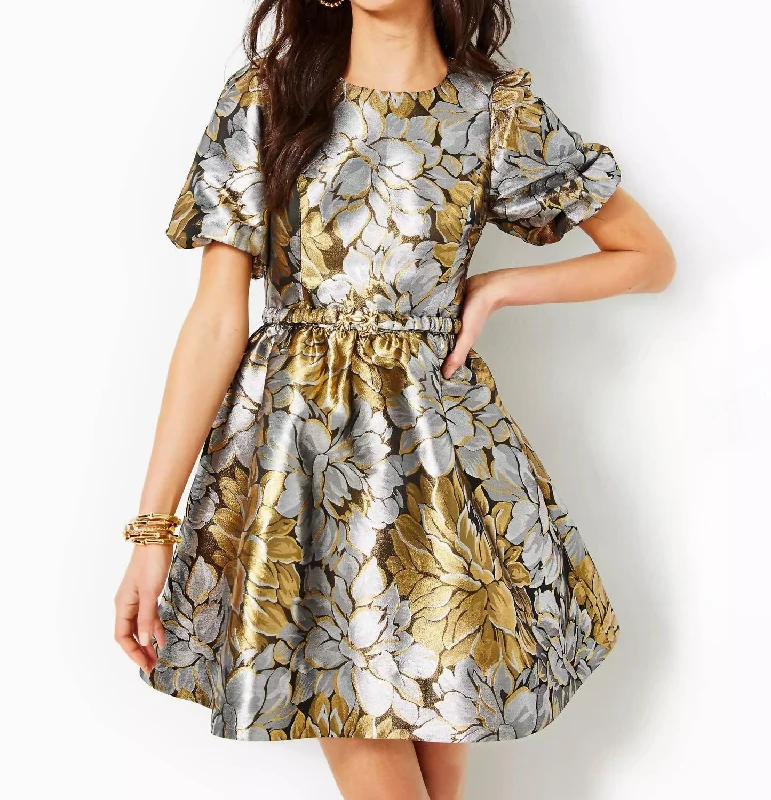 Women's Elegant Garments Parisian Effortless Chic Style Priyanka Short Sleeve Floral Jacquard Dress In Gold Metallic Peony Parade Brocade