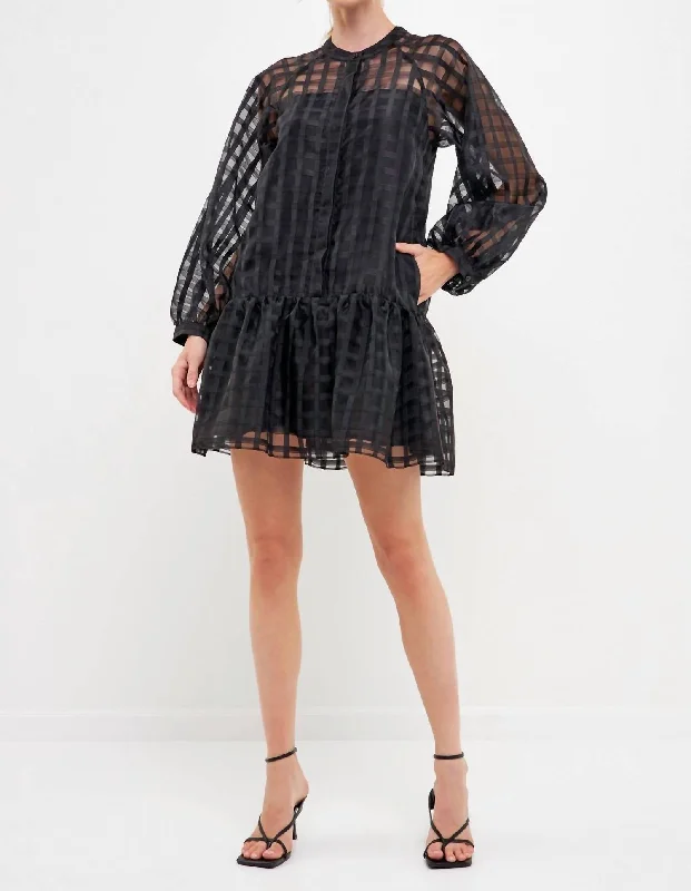 Vintage-Inspired Women's Apparel Feminine Elegance Sheer Checkered Organza Long Sleeve Mini Dress In Black