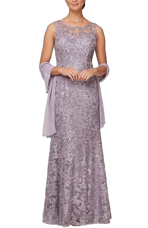 Women's Formal Event Outfit Weekend Special Sleeveless Illusion Neck Embroidered Gown In Lavender