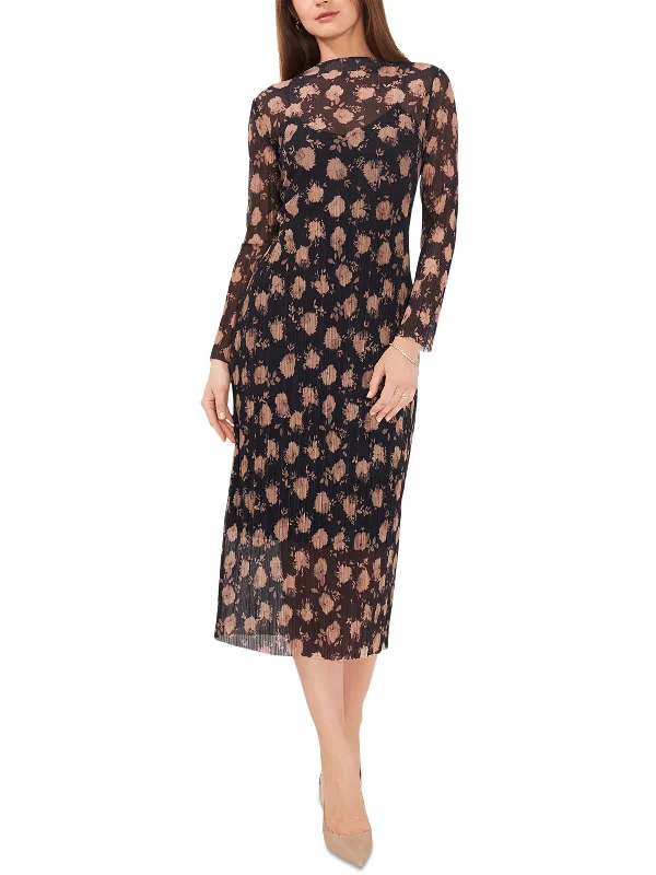 Plus-Size Women's Garments Art Deco Geometric Pattern Look Womens Floral Print Mock Neck Midi Dress