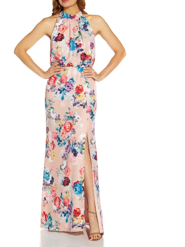 Women's Outerwear Attire Flowy Fabric Womens Satin Floral Evening Dress