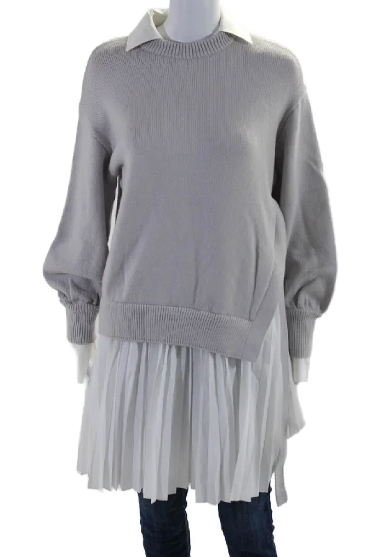 Women's High-Fashion Attire Casual Elegance Adeam Womens Cotton Knit Pleated Hem Long Sleeve Ivy Dress Gray White