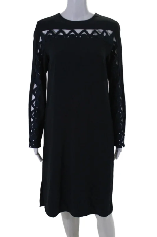 Women's Elegant Evening Attire Feminine Elegance Akris Punto Womens Navy Blue Cut Out Detail Long Sleeve Shift Dress