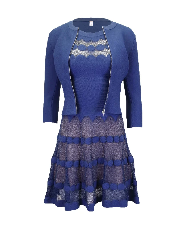 Women's Chic Outfit Refined Simplicity Alaia Sleeveless Sheer Panel Dress w/ Front Zip Jacket in Blue Viscose