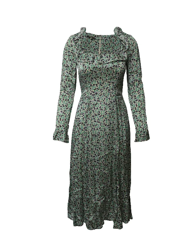 Sustainable Women's Apparel Y2K Nostalgic Fashion Look Alexa Chung Ruffled Square Neck Floral Midi Dress in Green Silk