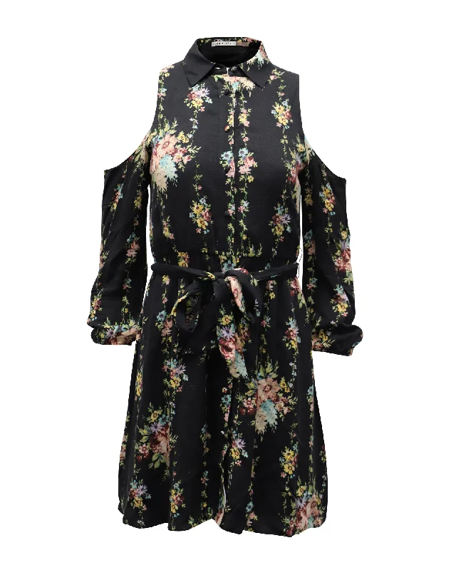 Casual Outfit For Women Elegant Contour Alice + Olivia Floral Print Cold Shoulder Belted Karina Shirt Dress in Black Viscose