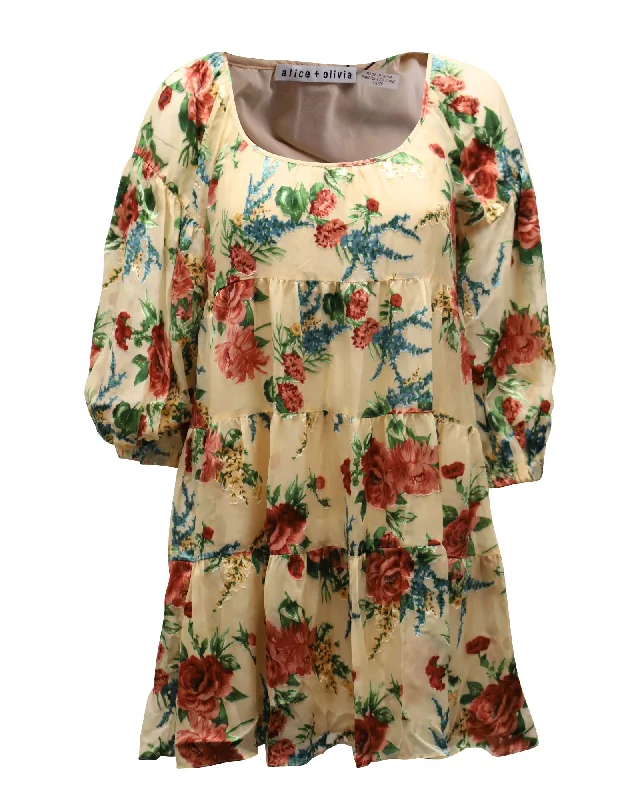 Women's Night-Out Outfit Limited - Stock Alice + Olivia Floral Puff Sleeve Dress in Beige Viscose