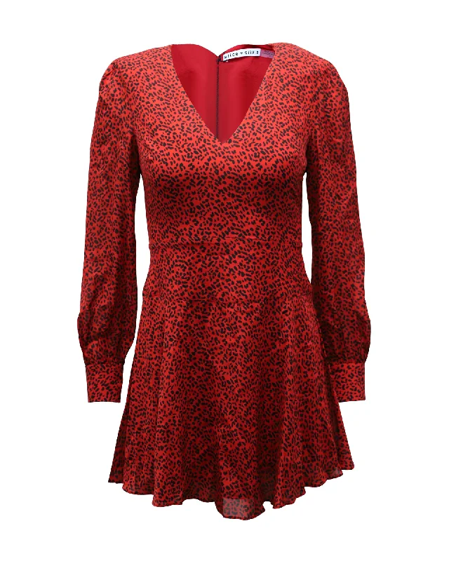 Women's Evening Garments Alluring Design Alice + Olivia Leopard Print Long Sleeve Dress in Red Viscose