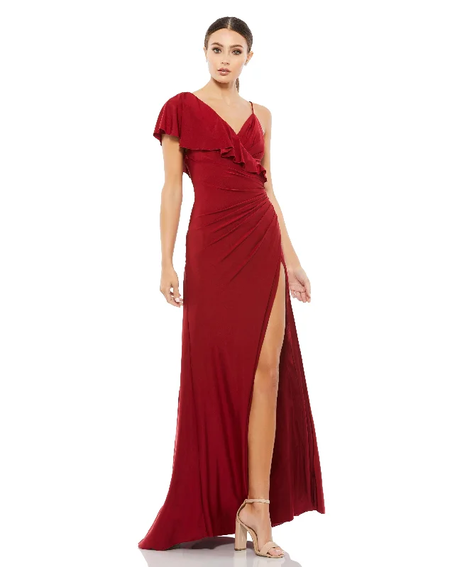 Women's Garments Everyday Glamour Asymmetric V-Neck Jersey Ruffled Cap Sleeve Gown