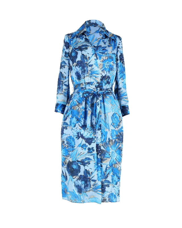 Affordable Women's Clothing Coastal Beach - Inspired Style Boss by Hugo Boss Floral Knee-Length Shirt Dress in Blue Silk