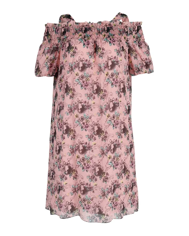 Timeless Women's Clothing Elevated Style Boutique Moschino Off Shoulder Dress in Floral Print Silk