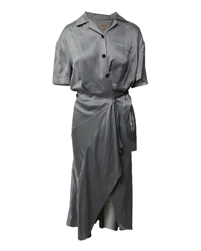 Women's Evening Clothing Bold Patterns Burberry Midi Wrap Shirt Dress in Pale Blue Silk-Satin