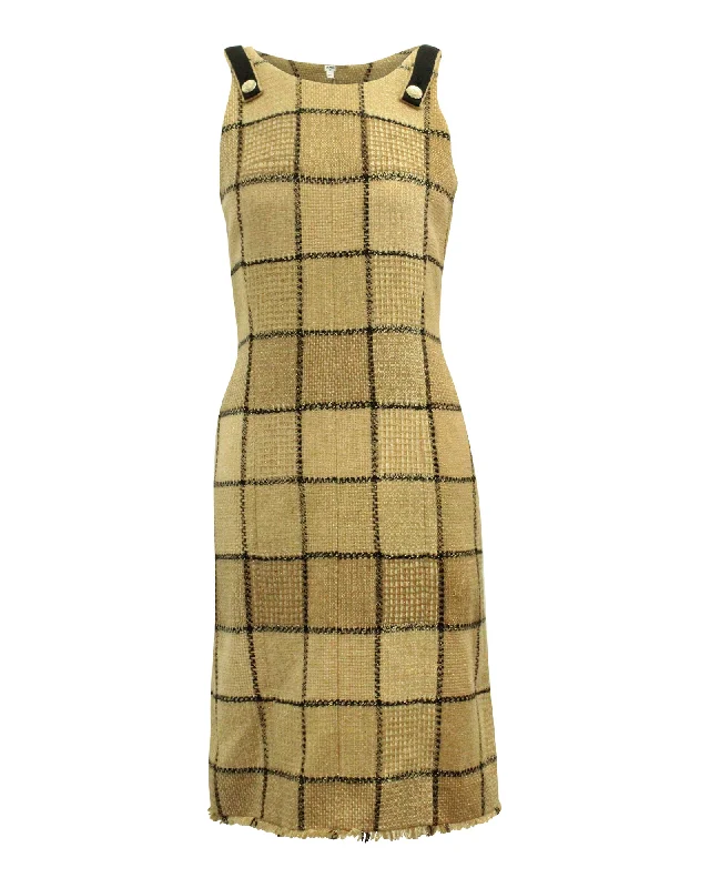 Women's Luxury Garments Romantic Date - Night Ensemble Chanel Plaid Sleeveless Sheath Dress in Gold Print Laine Wool