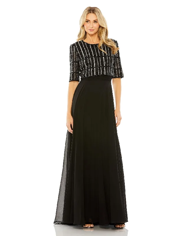 Women's Comfortable Garments Contemporary Elegance Chiffon Gown w/ Fully Beaded 1/4 Sleeve Top