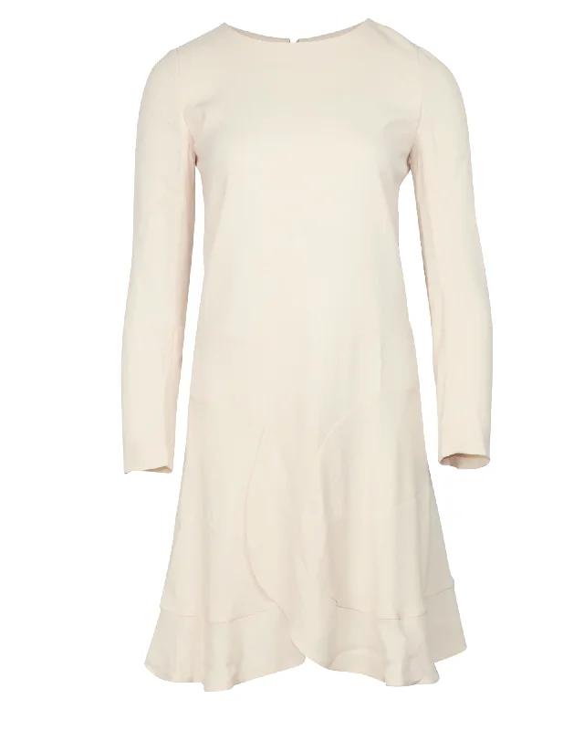 Chic Women's Garments Minimalist Office - Ready Style Chloe Long Sleeve Dress with Ruffle in Cream Crepe