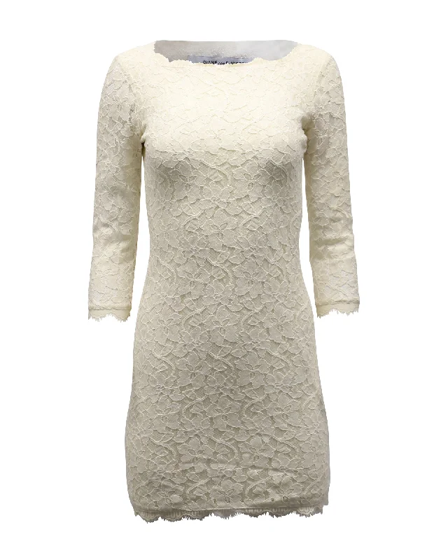 Women's Office Attire Vintage Retro Party Wear Diane Von Furstenberg Lace Bodycon Dress in Cream Rayon