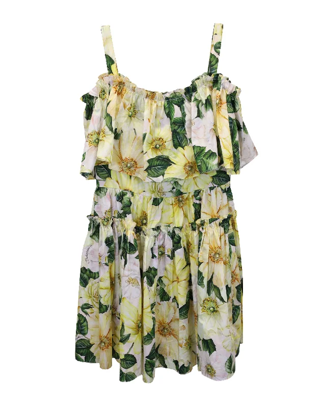 Women's Vintage-Inspired Clothing Contemporary Elegance Dolce & Gabbana Floral Off-The-Shoulder Mini Dress in Yellow Print Cotton