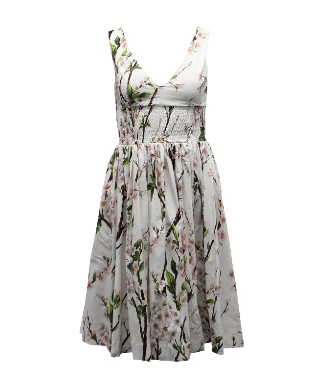 Women's Party Outfit Vintage Retro Party Wear Dolce & Gabbana Floral Print Midi Dress in White Cotton