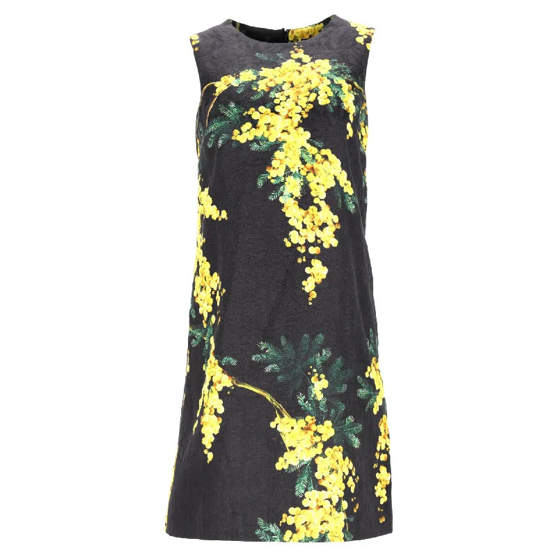 Women's Fashionable Clothing Sets Subtle Sophistication Dolce & Gabbana Mimosa Floral Print Lace Shift Dress in Black Cotton