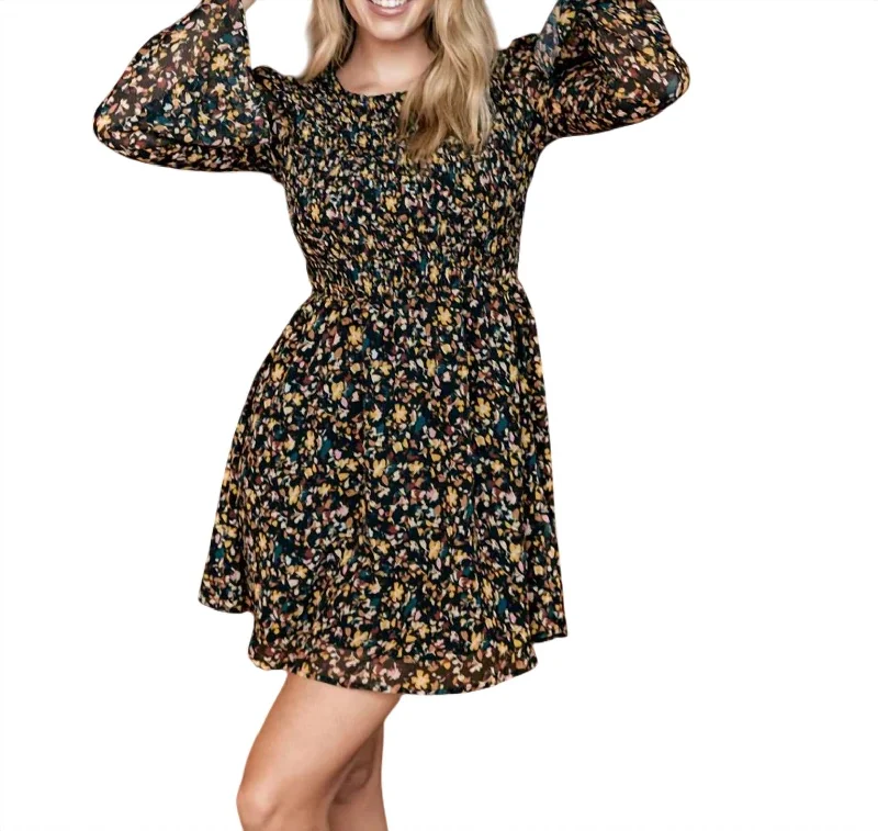 Women's High-Fashion Clothes Graceful Drape Ellamore Smocked Mini Dress In Black Floral