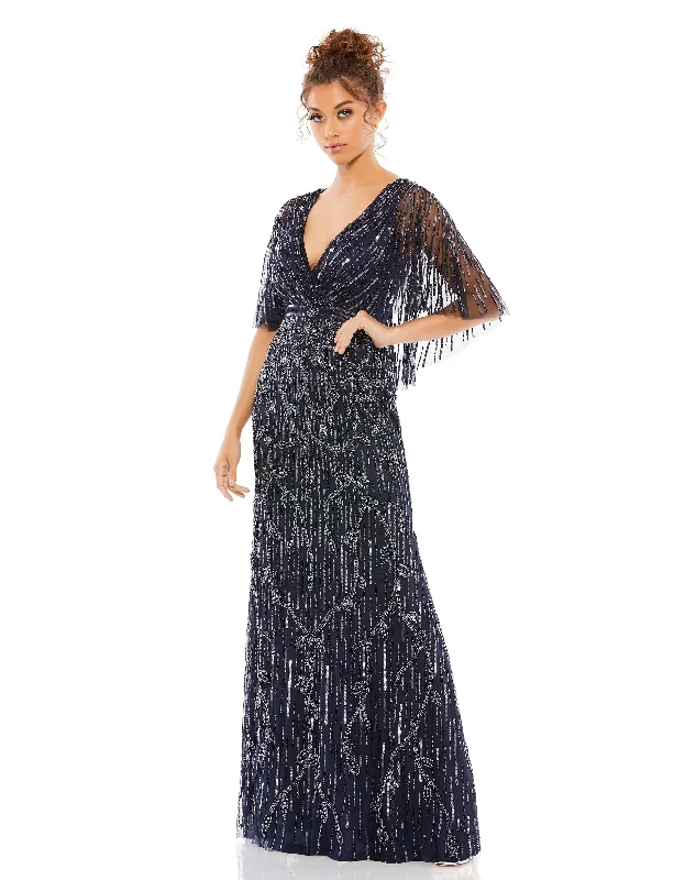 Chic Women's Attire Nordic Minimalist Home Look Embellished Cap Sleeve Faux Wrap Trumpet Gown