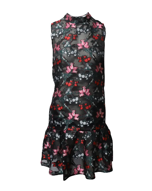 Women's Seasonal Clothing Mid - Season Sale Erdem Ruffled Hem Embroidered Floral Shift Dress in Black Polyester