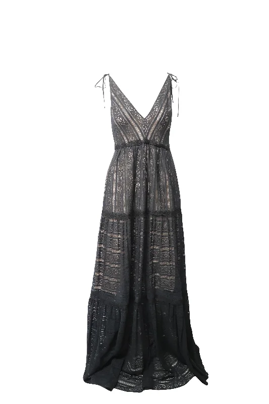 Women's Stylish Professional Garments Boho - Chic Festival - Ready Style Erdem V-Neck Tiered Gown in Black Cotton