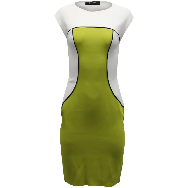 Women's Comfy Attire For Lounging Subtle Sophistication Etro Colorblock Sheath Sleeveless Dress in White and Lime Green Viscose