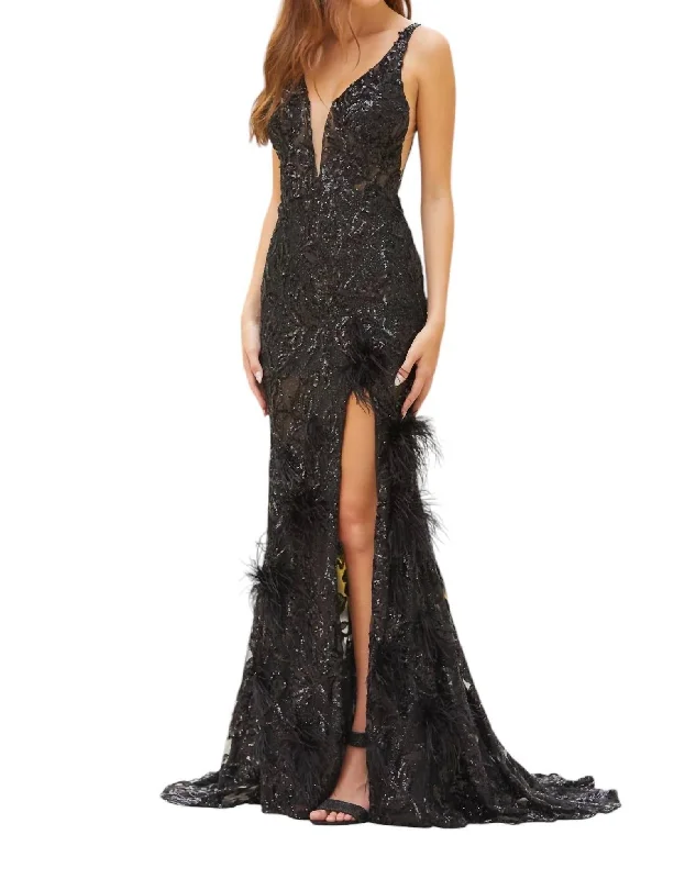 Women's Office Attire Art Deco Geometric Pattern Look Feathered Sequined Evening Gown In Black