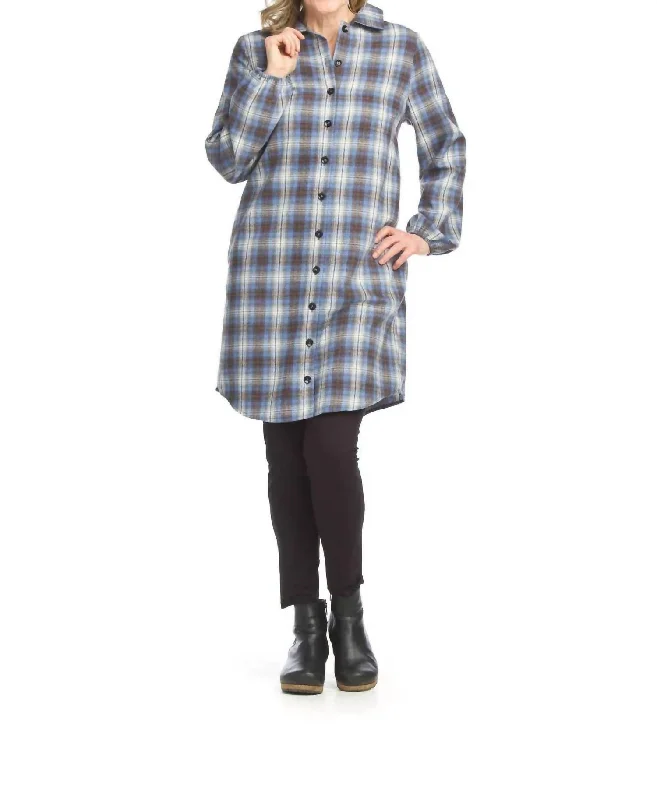 Women's Holiday Outfit Refined Simplicity Fiona Plaid Button Down Shacket Or Shirt Dress In Blue/brown